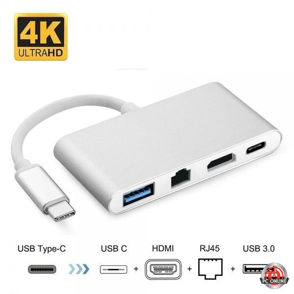 מתאם USB C ל- HDMI 4K + RJ45 LAN + USB3.0 + PD C31.56A TOPX במלאי