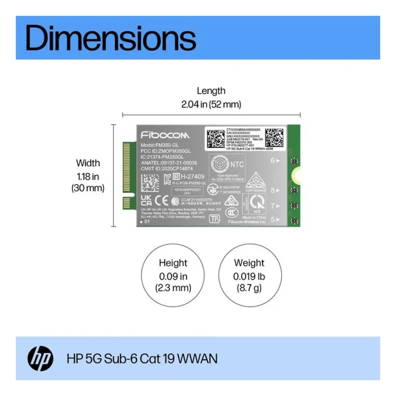 HP 5G Sub-6 Cat19 WWAN – מידות המודול – תרשים מידות מקורי של היצרן