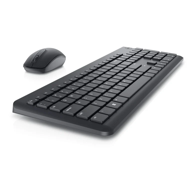 תמונת יצרן להמחשה: Dell KM3322W שחור, מבט מצד שמאל; סימוני המקשים בצילום להמחשה