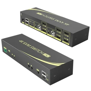 קופסת מיתוג KVM מ-2 מחשבים לעמדת עבודה אחת עם 2 מסכים 2xHDMI 4K@60HZ עכבר ומקלדת USB אודיו ואביזרי USB נוספים כולל כבלים ספק כוח שלט רחוק ו-RS232