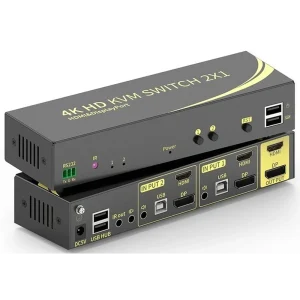 קופסת מיתוג KVM מ-2 מחשבים לעמדת עבודה אחת עם 2 מסכים DP+HDMI 4K@60HZ עכבר ומקלדת USB אודיו ואביזרי USB נוספים כולל כבלים ספק כוח שלט רחוק ו-RS232