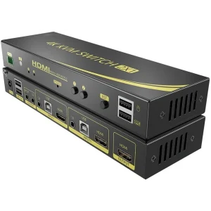 מתג KVM מ-2 מחשבים לעמדת עבודה אחת אוטומטי HDMI 4K@60HZ + USB2.0 + AUDIO עם ספק כוח שלט רחוק וכבלים