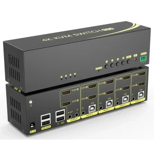 קופסת מיתוג KVM מ-4 מחשבים לעמדת עבודה אחת עם 2 מסכים 2xHDMI 4K@60HZ עכבר ומקלדת USB אודיו ואביזרי USB נוספים כולל כבלים ספק כוח שלט רחוק ו-RS232
