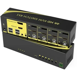 קופסת מיתוג KVM מ-4 מחשבים לעמדת עבודה אחת עם 2 מסכים DP+HDMI 4K@60HZ עכבר ומקלדת USB אודיו ואביזרי USB נוספים כולל כבלים ספק כוח שלט רחוק ו-RS232
