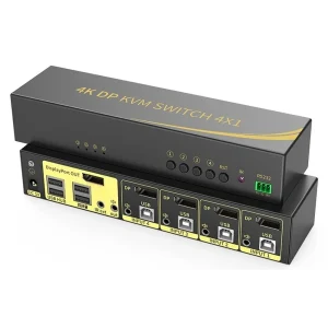 קופסת מיתוג KVM מ-4 מחשבים לעמדת עבודה אחת DISPLAYPORT 4K@60HZ + USB + AUDIO כולל כבלים ספק כוח שלט רחוק וחיבור RS232