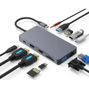 תחנת עגינה USB C למגוון חיבורים כולל 2 יציאות HDMI עם תמיכה ב-MST עד 3 מסכים שונים
