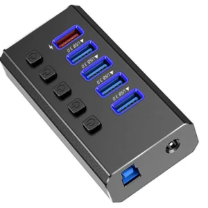 רכזת USB3.0 אלומיניום 5 פורט מתוכם 1 להטענה כולל ספק כוח
