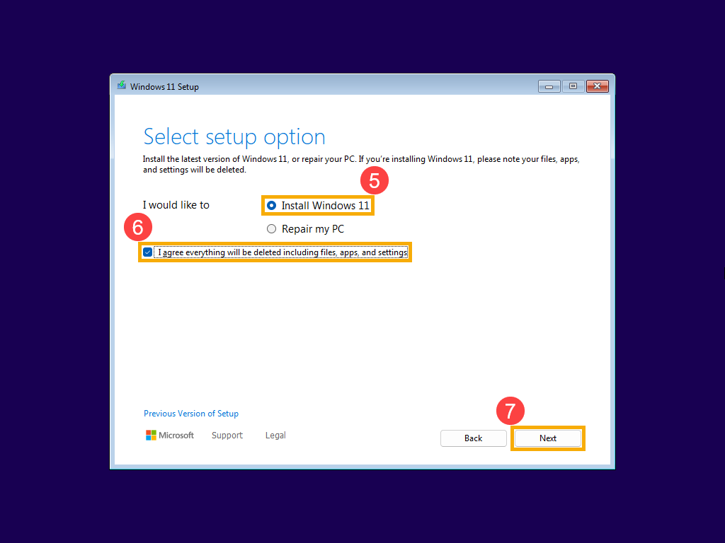 Windows 11 Setup: בחירה בהתקנת Windows ואישור שהתקנה נקייה מוחקת נתונים