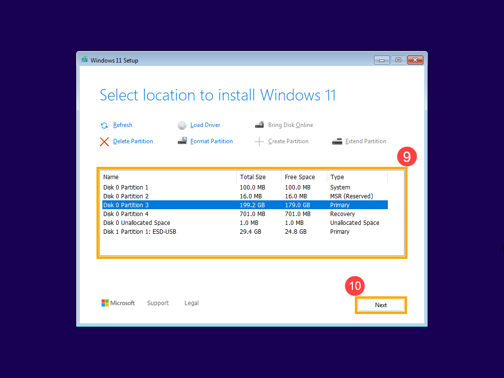 מסך בחירת הכונן במתקין Windows 11 החדש, עם כפתור Load Driver מעל הרשימה