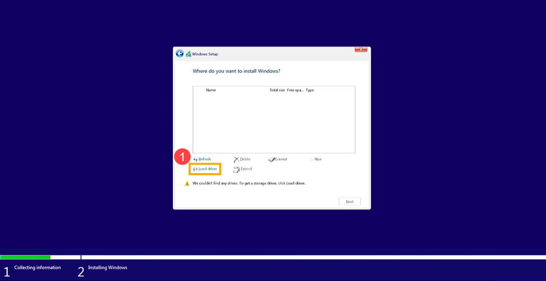 מתקין Windows בממשק קודם: רשימת כוננים ריקה וכפתור Load driver מסומן
