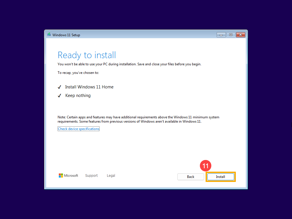 מסך Ready to install לפני התחלת התקנת Windows 11