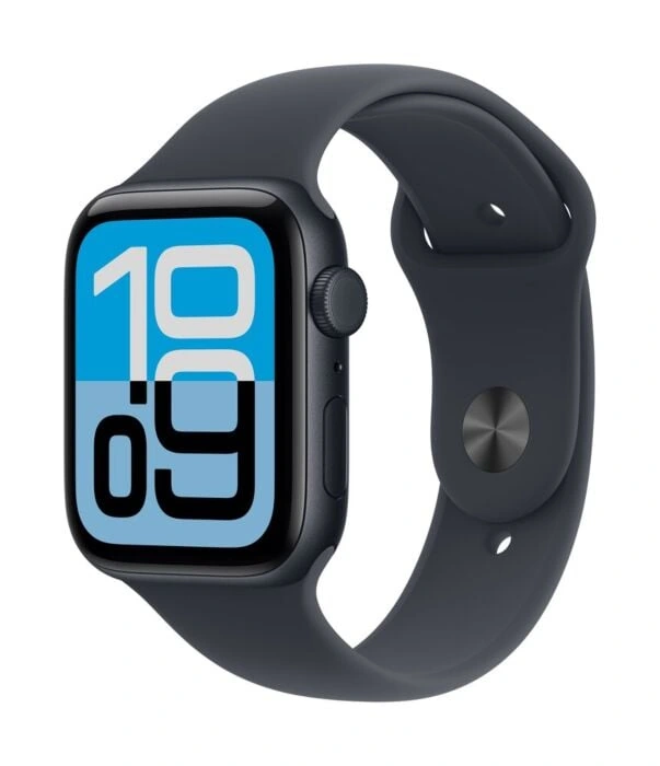 Apple Watch SE 3 44mm – אלומיניום מידנייט, Midnight Sport Band – מבט אלכסוני
