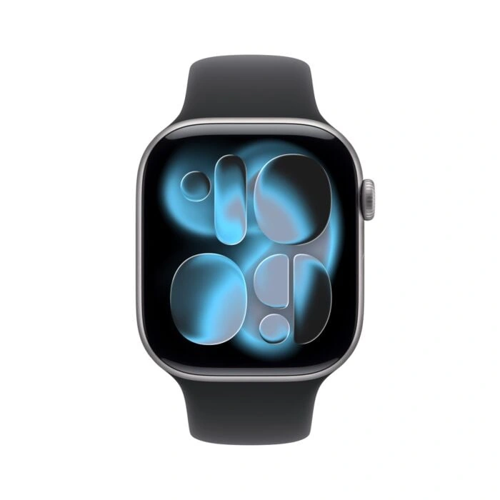 Apple Watch Series 11 42mm – אלומיניום אפור חלל, Black Sport Band – מבט קדמי