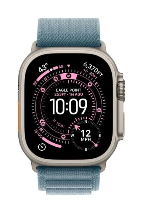 Apple Watch Ultra 3 49mm – טיטניום טבעי, Light Blue Alpine Loop – מבט קדמי