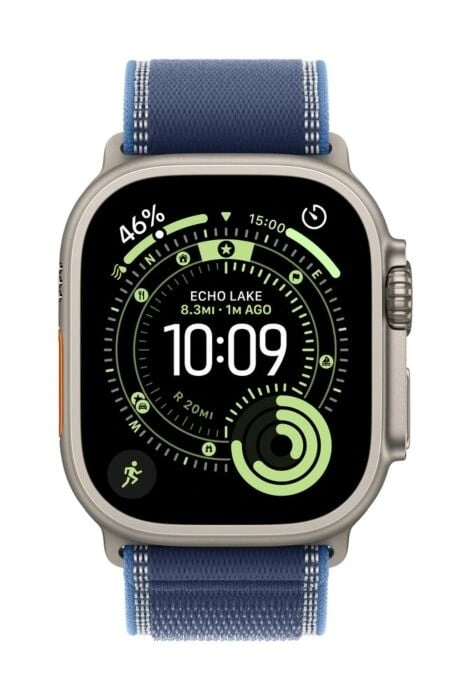 Apple Watch Ultra 3 49mm – טיטניום טבעי, Blue/Bright Blue Trail Loop – מבט קדמי