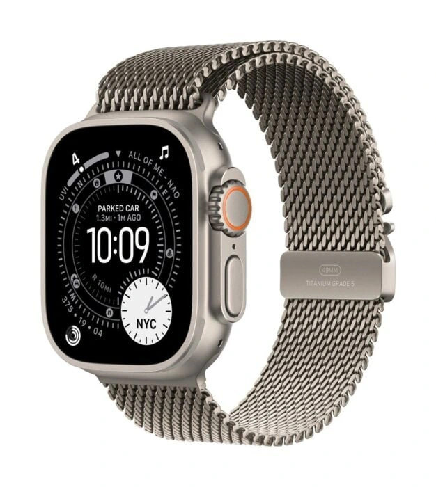 Apple Watch Ultra 3 49mm – טיטניום טבעי, Natural Titanium Milanese Loop – מבט אלכסוני