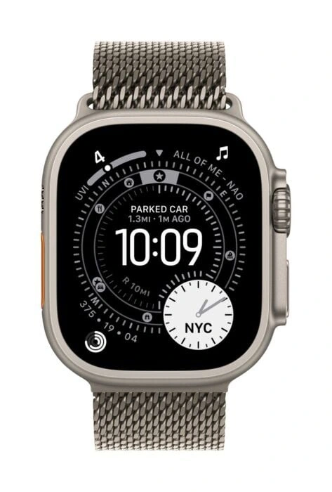 Apple Watch Ultra 3 49mm – טיטניום טבעי, Natural Titanium Milanese Loop – מבט קדמי