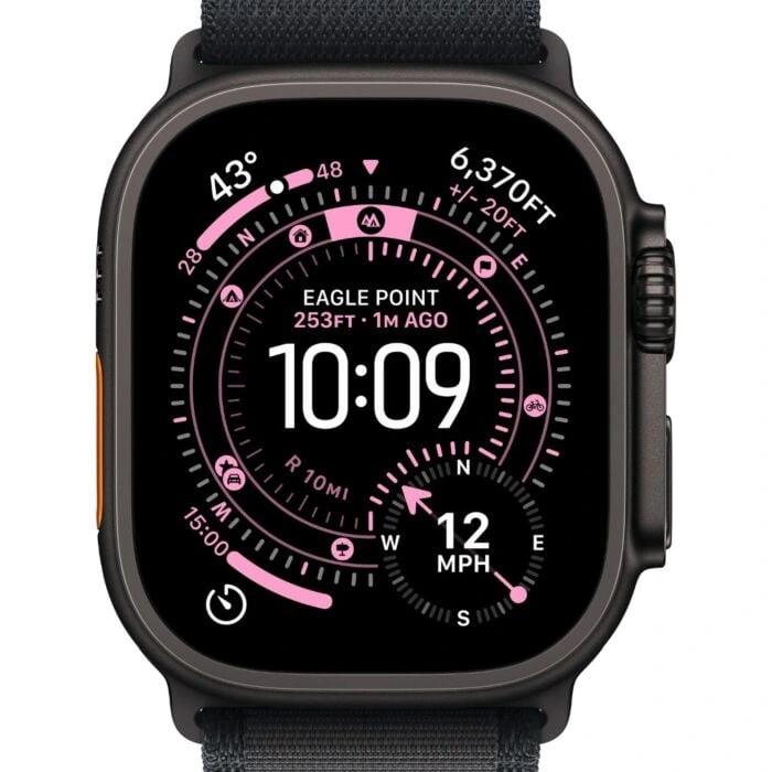 Apple Watch Ultra 3 49mm – טיטניום שחור, Black Alpine Loop – מבט קדמי