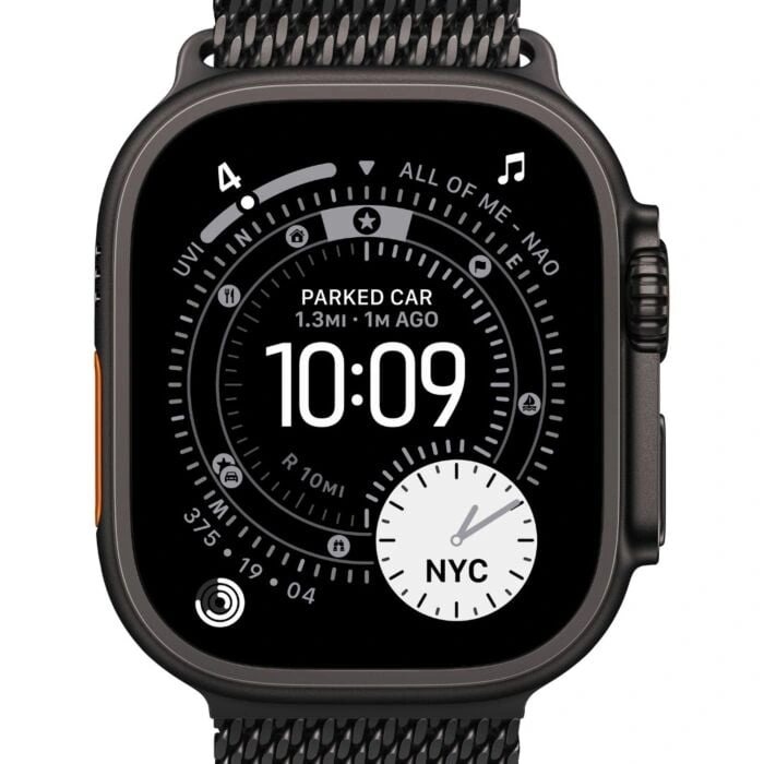 Apple Watch Ultra 3 49mm – טיטניום שחור, Black Titanium Milanese Loop – מבט קדמי