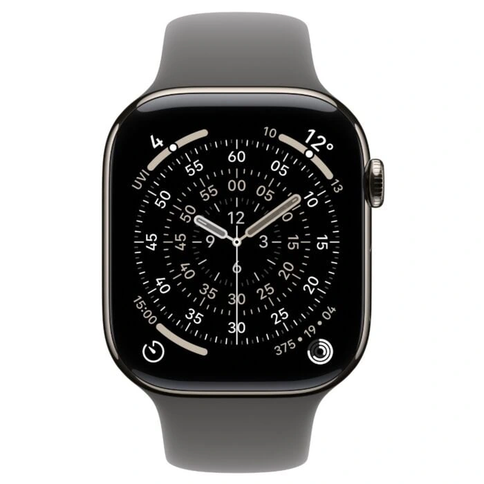 Apple Watch Series 11 42mm – טיטניום טבעי, Stone Grey Sport Band – מבט קדמי