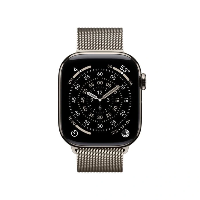 Apple Watch Series 11 42mm – טיטניום טבעי, Natural Milanese Loop – מבט קדמי