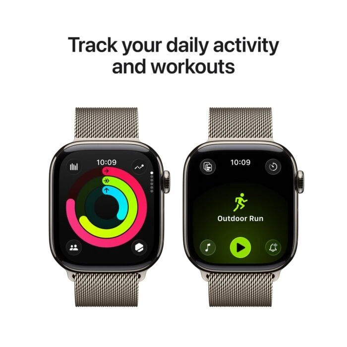 Apple Watch Series 11 42mm – טיטניום טבעי, Natural Milanese Loop – תצוגת פעילות ואימונים