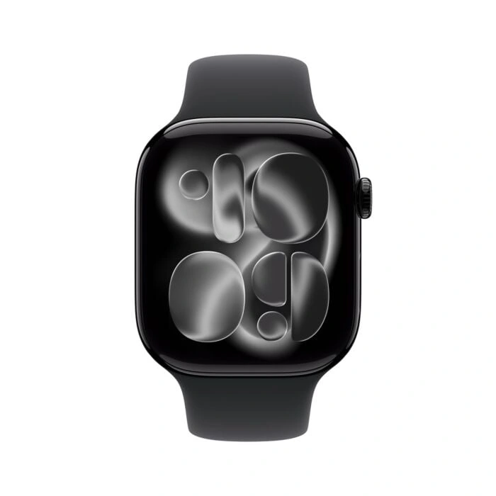 Apple Watch Series 11 46mm – אלומיניום שחור מבריק, Black Sport Band – מבט קדמי