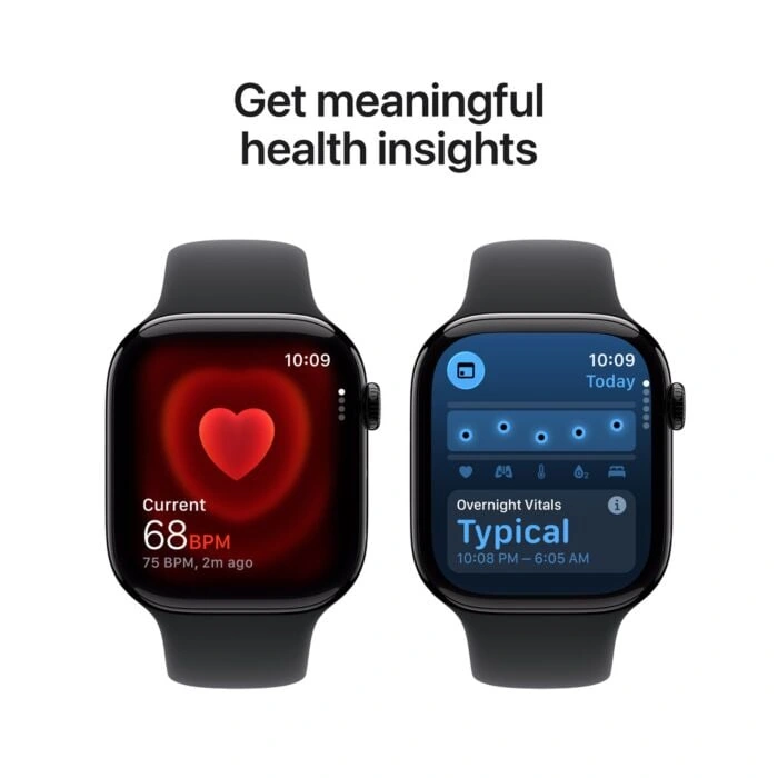 Apple Watch Series 11 46mm – אלומיניום שחור מבריק, Black Sport Band – תצוגת מדדי בריאות