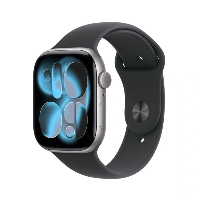 Apple Watch Series 11 46mm – אלומיניום אפור חלל, Black Sport Band – מבט אלכסוני