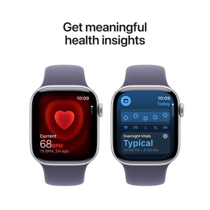 Apple Watch Series 11 46mm – אלומיניום כסף, Purple Fog Sport Band – תצוגת מדדי בריאות