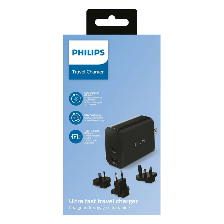 מטען נסיעות Philips DLP2621T/00 | 30W PD | USB-C + USB-A | ראשים מתחלפים — צילום 2